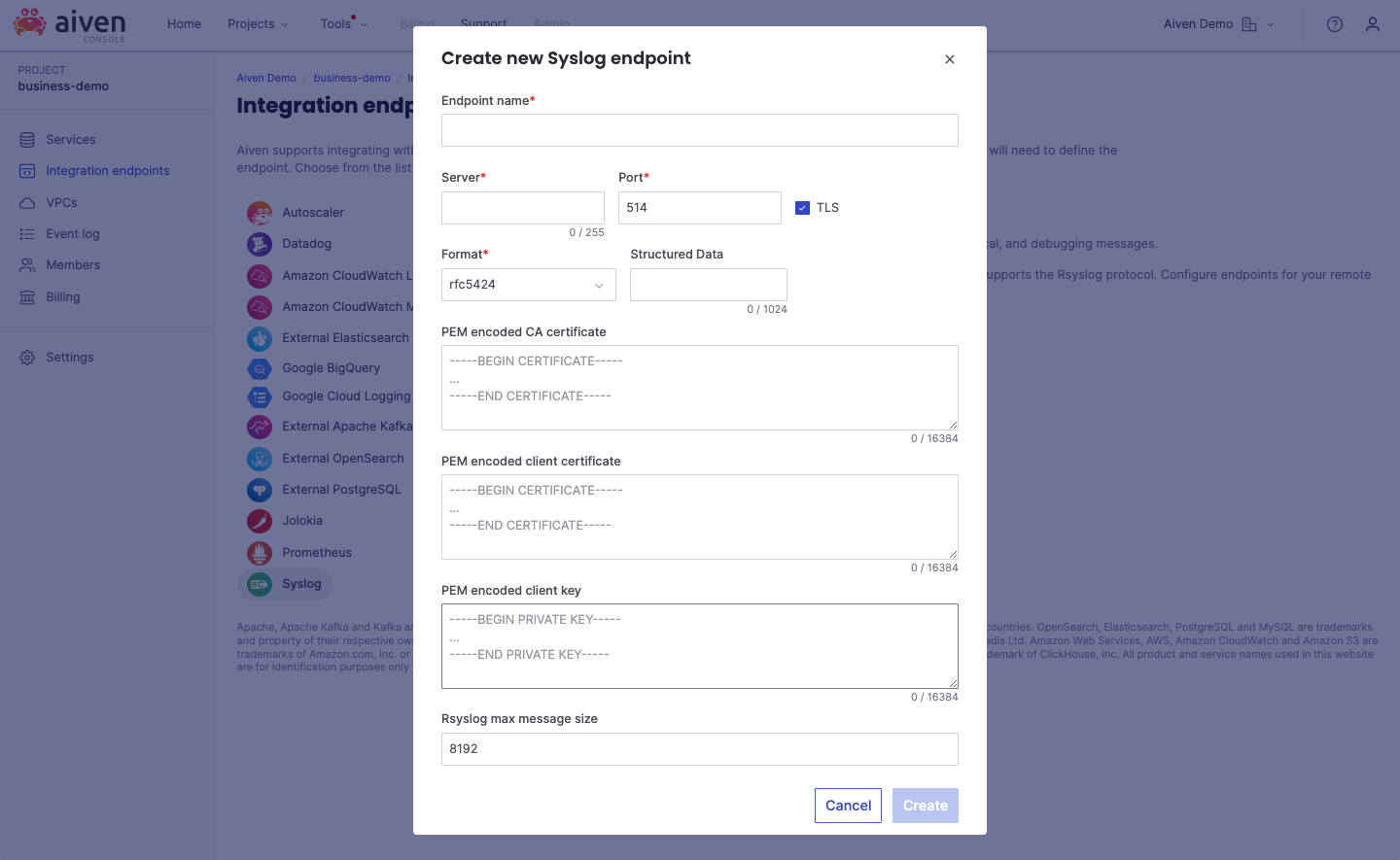 "Create new Syslog endpoint" dialog